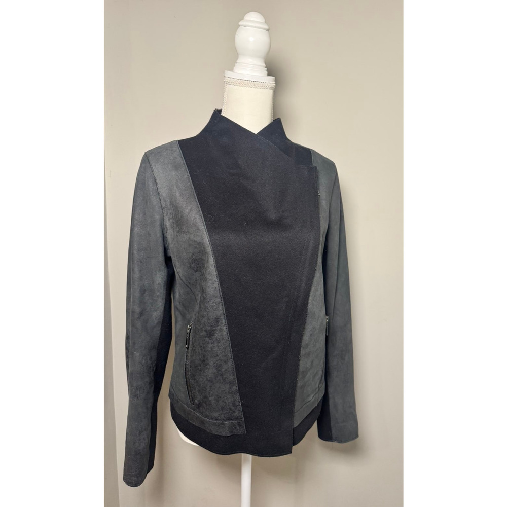 Elie Tahari Lamb Leather Moto Jacket Black Gray Asymmetric Zip Women's Medium